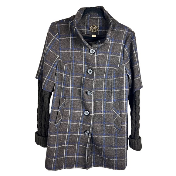 Idra Plaid Wool Blend Coat Jacket With Sweater Sleeves Size 8 Button Front - Picture 1 of 10